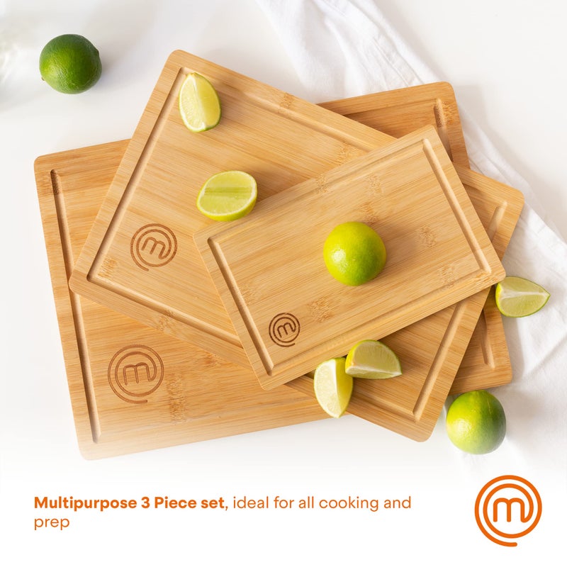 MasterChef Cutting Boards for Kitchen  Bamboo Chopping Board Set of 3  Organic Food Safe Surfaces for Preparing & Serving Meat  Cheese etc  Large  Medium & Small Wooden Boards with Juice Grooves - Image 5